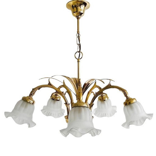 Vintage Mid-century six-arm brass chandelier palm leaves Hollywood Regency 1970s