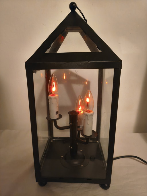 Klassische Laternen-Tischleuchte mit 3 Kerzenfassungen – schwarzes Metall und Glas