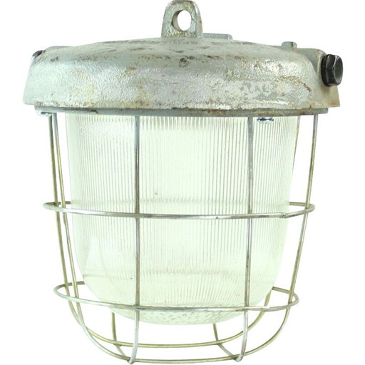 Vintage industriële plafondlamp van metaal en glas, Tsjecho-Slowakije 1950