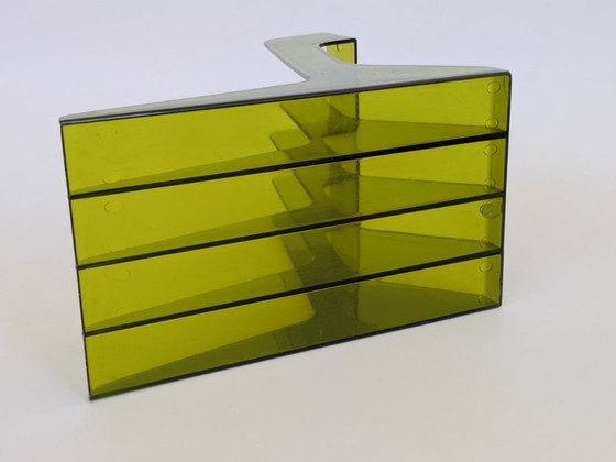 Image 1 of Vintage olijfgroen plexiglas LP-vinylrek in space age-stijl uit de jaren 70, met 4 vakken.