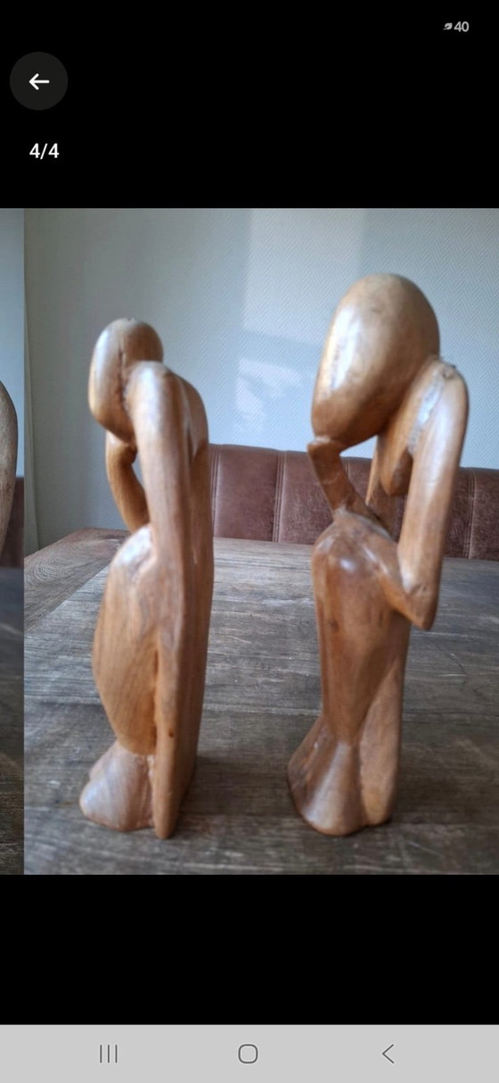 Conjunto de 2 estatuas de madera, figuras pensativas - 24 y 27 cm. – Objetos decorativos, Wood (photo 4 of 5)