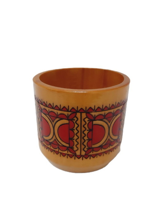 Tasse en bois pyrogravée et peinte à motifs floraux, style vintage