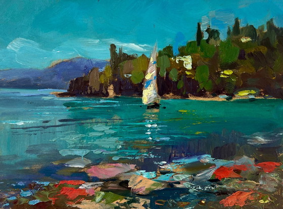 Image 1 of Original Oil Painting Summer Coastal Landscape Sailboat at Sea
