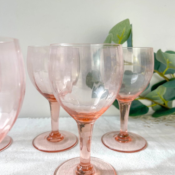 7 Vintage Facet Roze Glazen Waterglazen - Jaren 50 - Franse Elegantie – Glazen & Karaffen, Glass (photo 7 of 10)