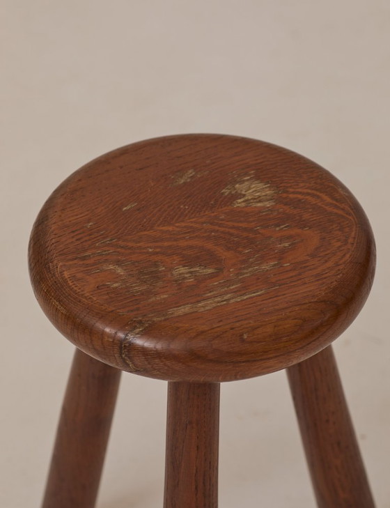 Image 1 of Vintage French tripod stool, brutalist style, made of solid wood, circa 1960