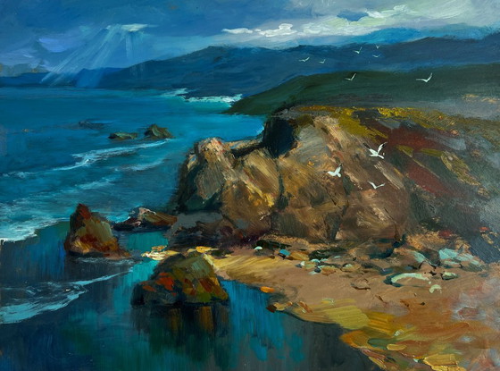 Image 1 of Original Oil Painting Coastal Mountain Landscape Sunlight through the clouds