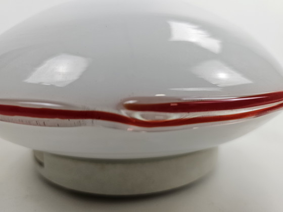 Image 1 of Ceiling or wall lamp by Leucos Italian milk glass discus model with red rim