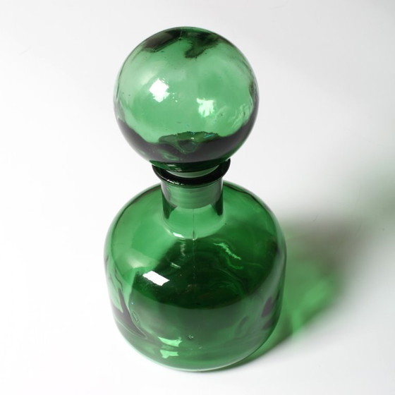 Image 1 of Vintage Emerald Green Glass Decanter / Genie Bottle with Stopper / Empoli / Italy / 1960s