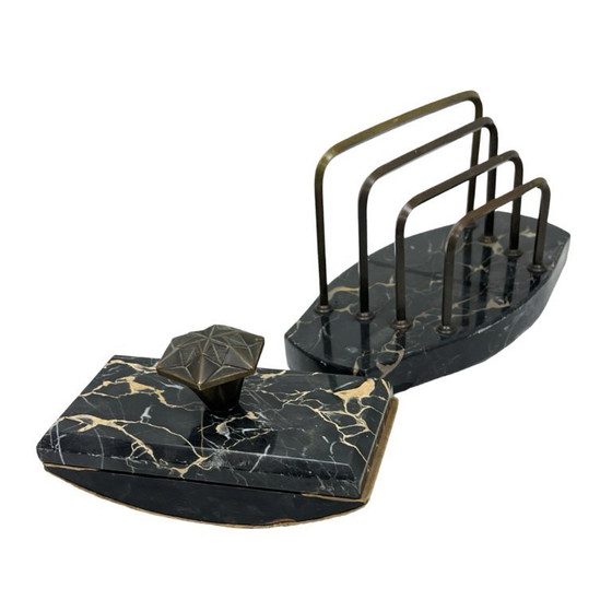 Image 1 of Art Deco Executive Desk Set: Letter Holder and Blotter – Portoro Marble and Brass – 1930s