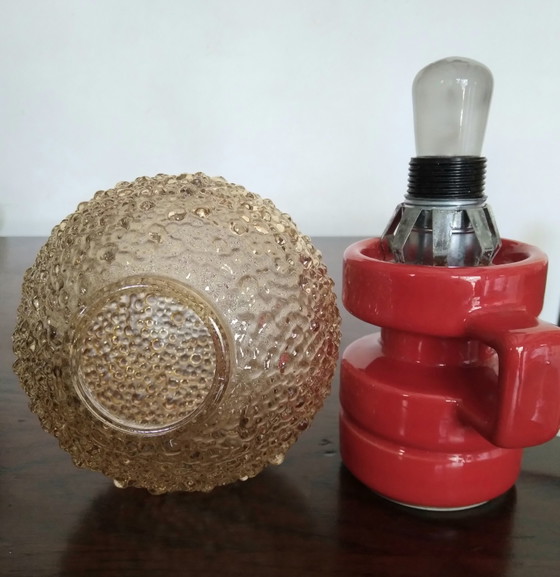 Image 1 of Space Age table lamp, red ceramic and bubble glass