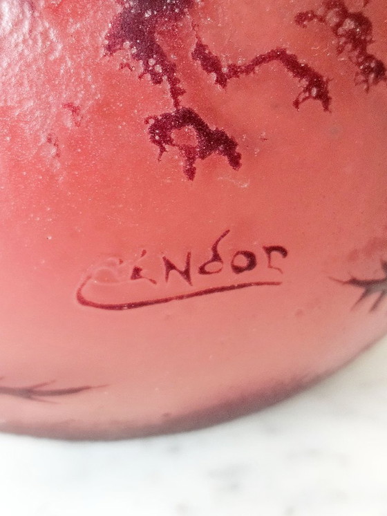 Image 1 of Jarrón Bendor Art Deco en pasta de vidrio grabada al ácido con un motivo de cardo rojo, firma firmada