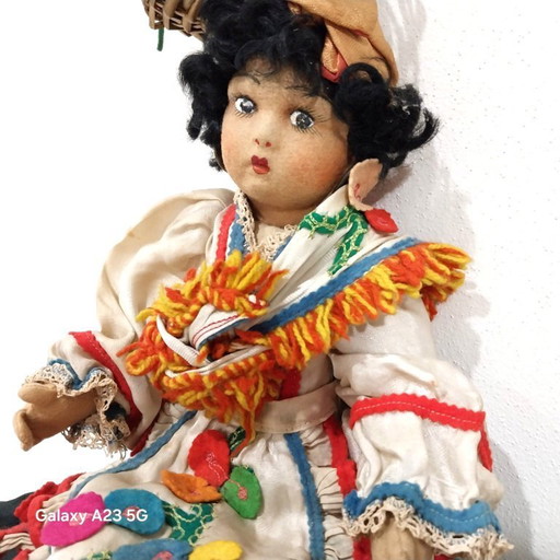 Handmade Vintage Folk Doll – 52 cm – Traditional Costume with Felt Embroidery | Ethnic Textile Doll | 1950s–1960s Pannolenci .