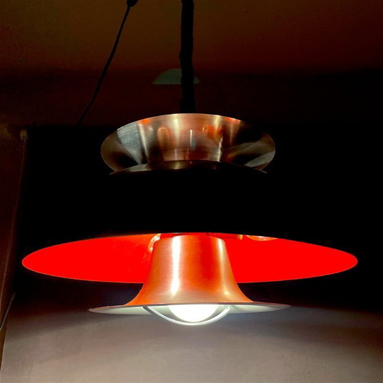 Scandinavian Modern Danish Brushed Aluminium Silver And Red Rise And Fall 4-Light Hanging Lamp, 1970s (photo 4 of 17)