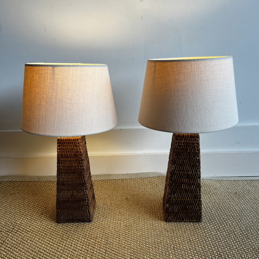Set Van 2 Rotan Rieten Tafellampen Birma Vintage