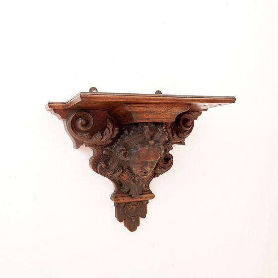Image 1 of Estantería de pared antigua de madera tallada a mano - siglo XIX