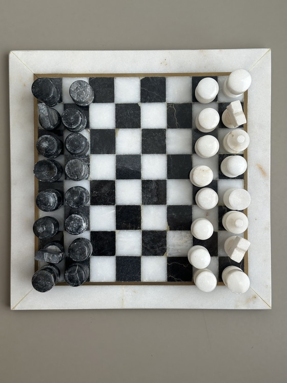 Image 1 of Vintage marmeren schaakspel schaakbord zwart wit