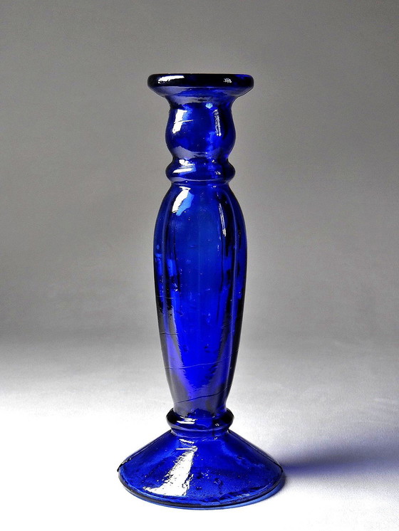 Image 1 of Vintage Cobalt Blue Molded Glass Candleholder