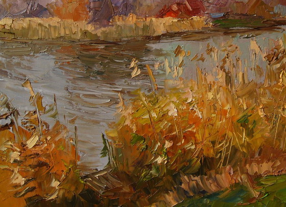 Origineel Olieverfschilderij Natuurlandschap Stadsrand Herfstrivier – Schilderijen & Tekeningen, Canvas (photo 6 of 7)
