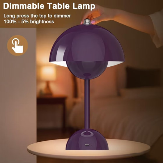 Paarse Paddenstoel LED Touch Lamp USB-C, 28 cm, Tafellampen, Vintage (foto 2 van 7)