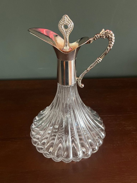 Image 1 of Mundgeblasene Karaffe/Dekanter mit versilbertem Ausguss und Griff ca. 1930