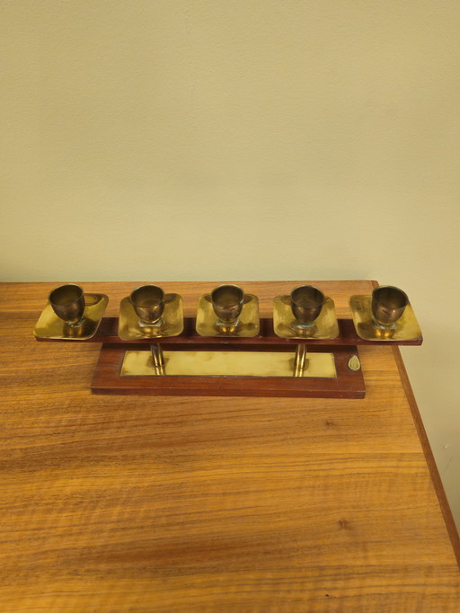 Vintage Teakhouten Kandelaar Kaarsenhouder Messing 