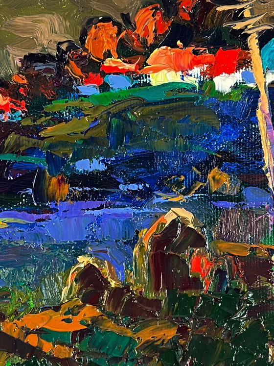 Image 1 of Peinture à l'huile originale, paysage rural, rivière, givre du soir dans les champs