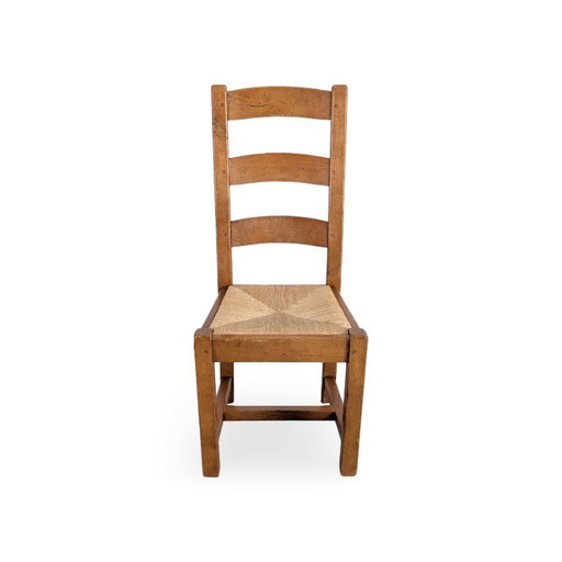 Ensemble de 4 chaises en chêne, style campagne française, années 1950, tressage en jonc