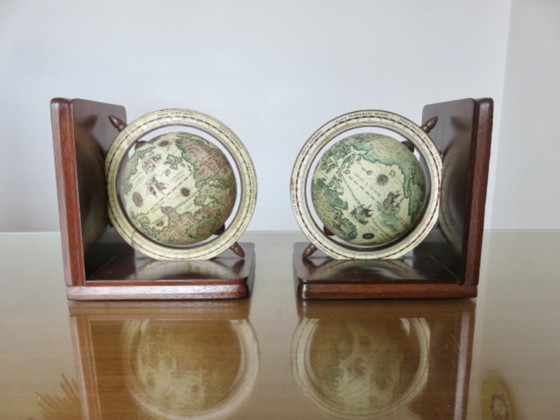 Image 1 of Pair of wooden "globe" bookends, 1970