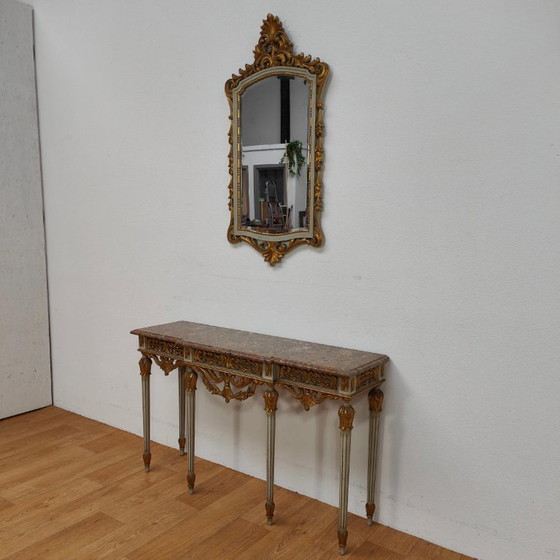 Konsolentisch, Beistelltisch mit Marmorplatte und vergoldetem Holz mit Spiegel, Braun, Klassiek (Foto 2 von 15)