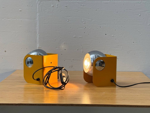 Set di 2 lampade a globo in stile Space Age, color ocra e cromo, anni '70.