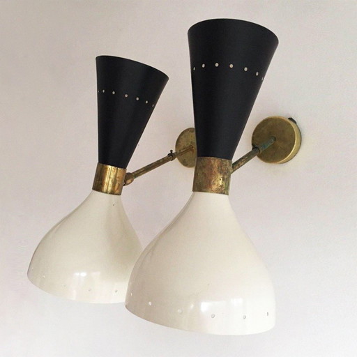 Paar grote Italiaanse messing wandlampen, jaren 1950 ontwerp
