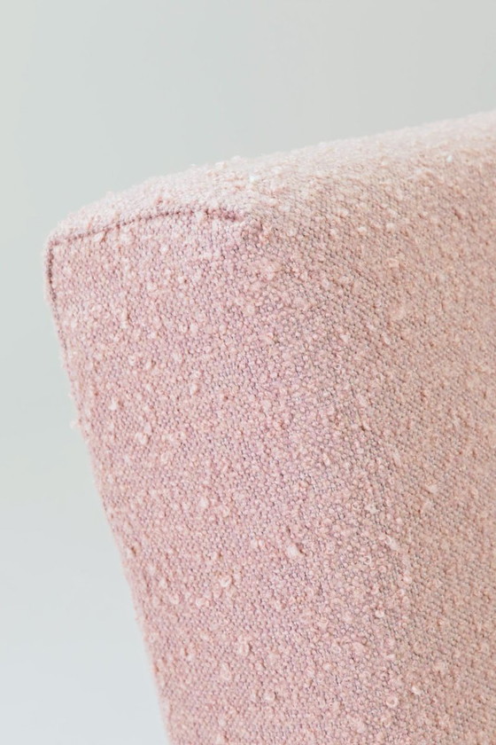 Image 1 of Vintage fauteuil rustiek hout roze bouclé stof zigzag modern design 1970