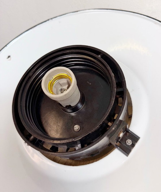 Image 1 of Industrial Grey Enamel Pendant Lamp with Milk Glass, 1960s