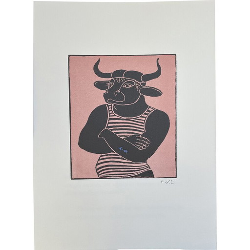 Vintage "Minotaur" woodblock print by François Xavier Lalanne, 2005s