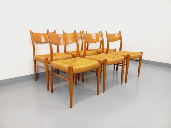 Image 1 of Suite de 6 chaises vintage italiennes en teck et corde danoise Gessef Consorzio Sedie Friuli