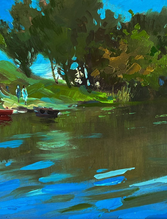 Image 1 of Peinture à l'huile originale, paysage naturel, collines d'été, bateaux sur la rivière