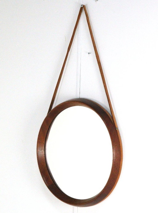 Miroir rond en teck avec bracelet en cuir