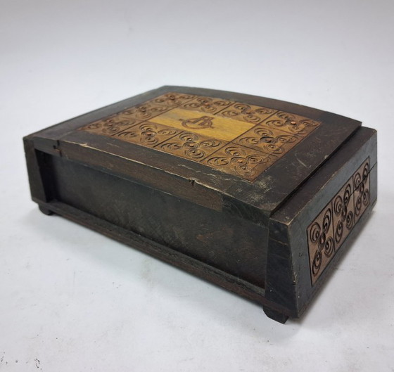 Image 1 of Vintage Carved Wooden Keepsake Box – Hinged Lid – Ornate Scrollwork