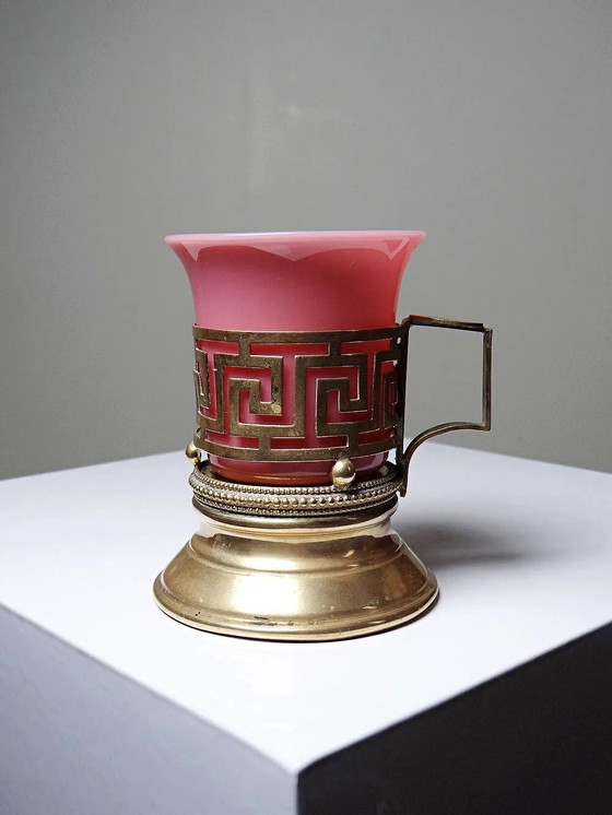Antique pink opaline and gilded brass cup holder/candle holder, 19th century, Crystal, Glass (photo 8 of 14)