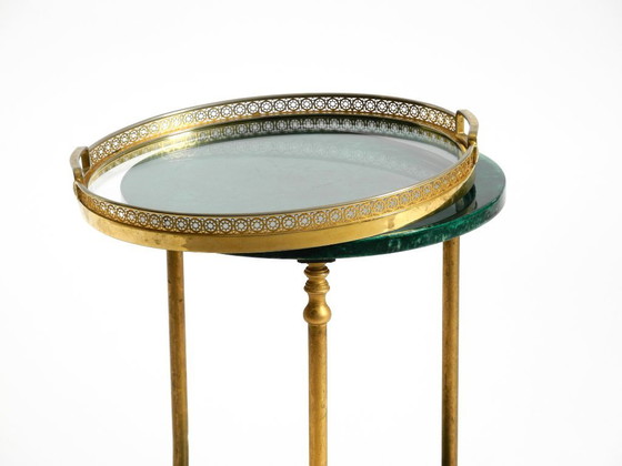 Image 1 of Round, small 1960s Aldo Tura serving or bar trolley in green goatskin leather | Made in Italy