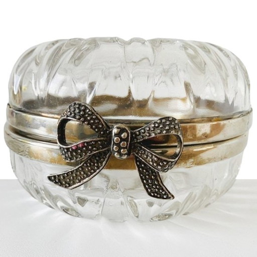 Vintage glass bonbonnière with silver-plated rims and bow