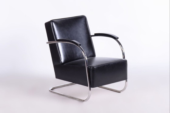 Set di sedute Bauhaus restaurato, di Mücke-Melder, cromo, pelle, ceco, anni '30, Zona salotto, Legno, Nero (foto 16 di 17)