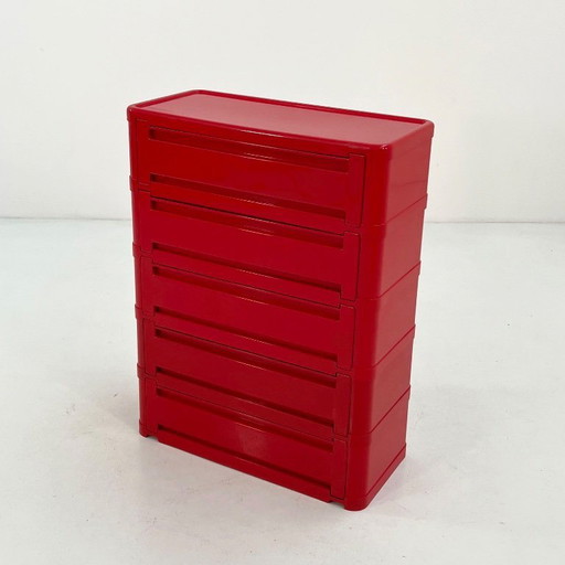 Cassettiera rossa a 5 cassetti, modello 4964, disegnata da Olaf Von Bohr per Kartell, anni '70.