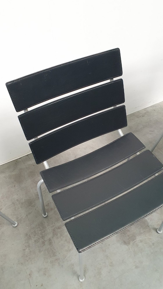 Image 1 of 4x Giancarlo Vegni Fasem Italia Stripe Zadelleer Vintage Stoelen Design