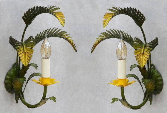 Pair of Mid Century Italian Palm Leaf Wall Lights C1950 - Two Pairs Available, Metal, Yellow (photo 6 of 8)