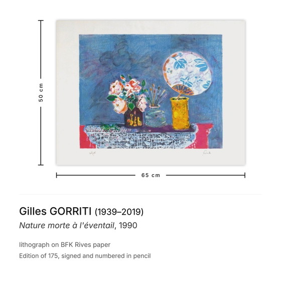 Gilles Gorriti ondertekende lithografie Nature Morte À L'éventail 1990 – Litho's & Zeefdrukken, Paper (photo 3 of 5)