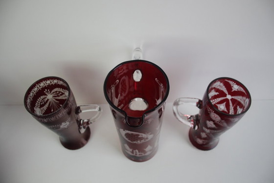 Image 1 of Antique Set of 36 pieces of Artistic cut Ruby red glass, Egermann, 1950's. 