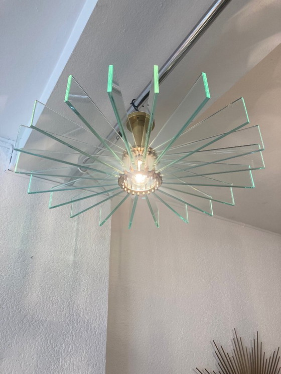 Image 1 of Incredibile grande lampada da incasso in ottone e vetro alla maniera di Fontana Arte ca. 1950s