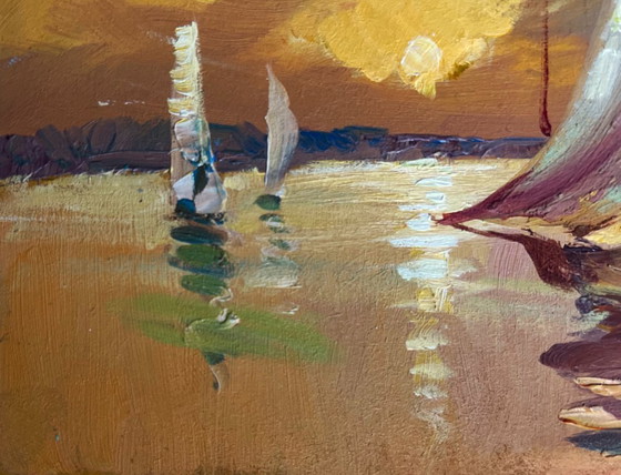 Image 1 of Original Oil Painting Sea Evening Landscape In the evening at sea
