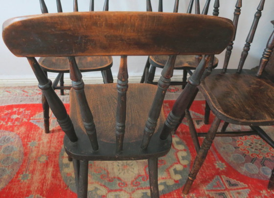 Image 1 of Antieke set van 4 gepatineerde eikenhouten eetkamerstoelen in boerderijstijl, 19e eeuw